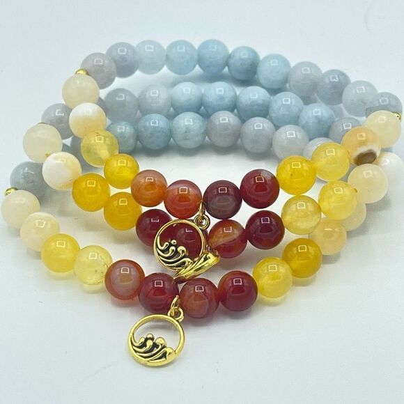 Ocean wave carnelian yellow agate honey calcite aquamarine beaded stretch bracel - Picture 7 of 16
